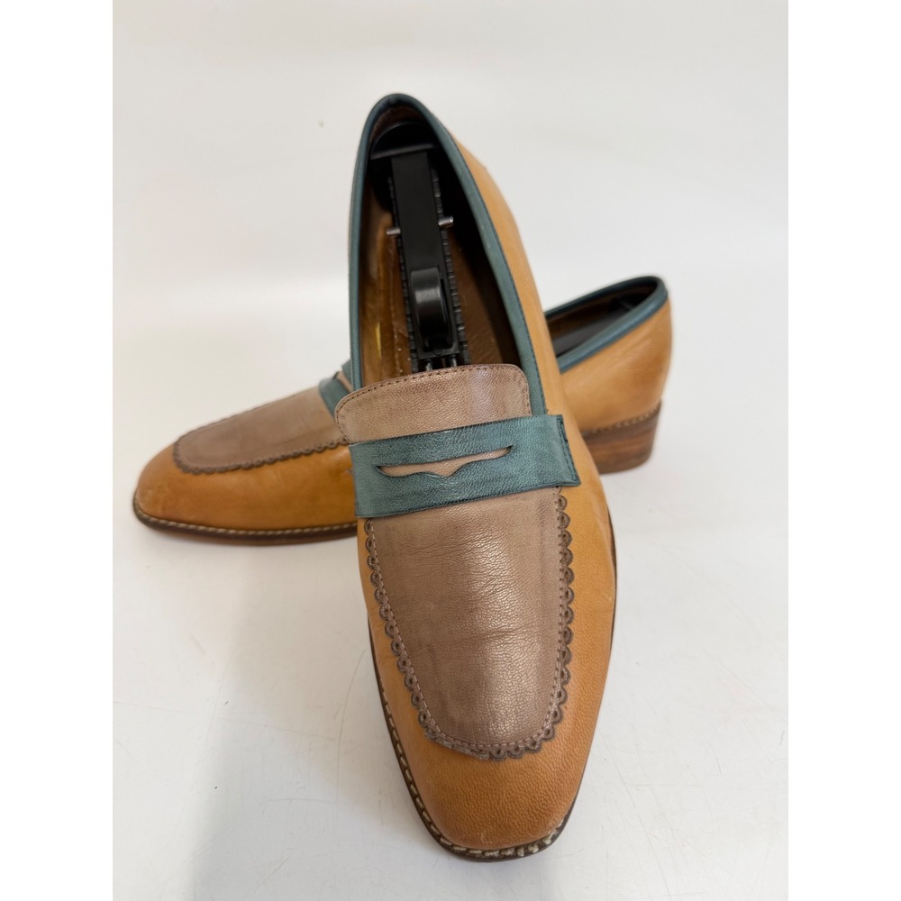 Flying Mona Tri-Tone Leather Penny Loafers Tan Teal Taupe Scalloped Trim Size 40